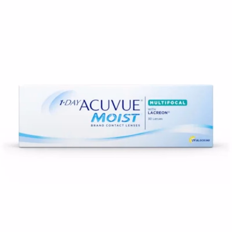 Caixa frontal das lentes de contato 1-Day Acuvue Moist Multifocal com 30 lentes