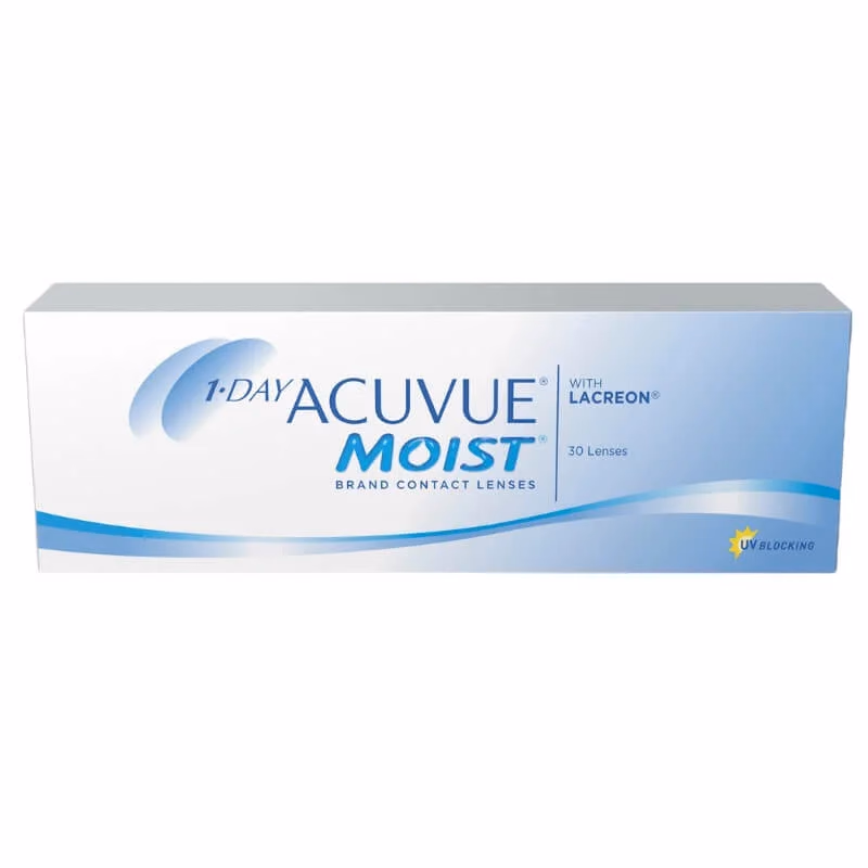 Caixa frontal das lentes de contato 1-Day Acuvue Moist com 30 lentes