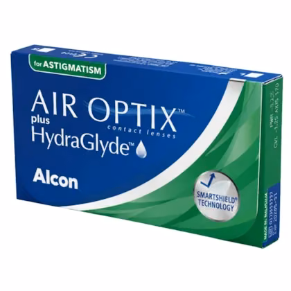 Caixa das lentes AIR OPTIX plus HydraGlyde para Astigmatismo vista em perspectiva