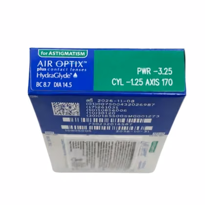 Identificação de grau esférico, cilíndrico e eixo na caixa AIR OPTIX plus HydraGlyde para Astigmatismo