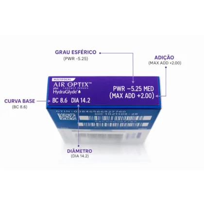 Identificação do grau, adição, curva-base e diâmetro na embalagem AIR OPTIX Multifocal