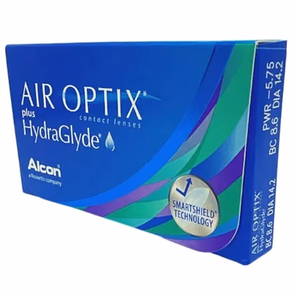 Caixa das lentes AIR OPTIX plus HydraGlyde vista em perspectiva
