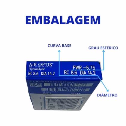 Identificação da curva base, diâmetro e grau esférico na embalagem AIR OPTIX plus HydraGlyde