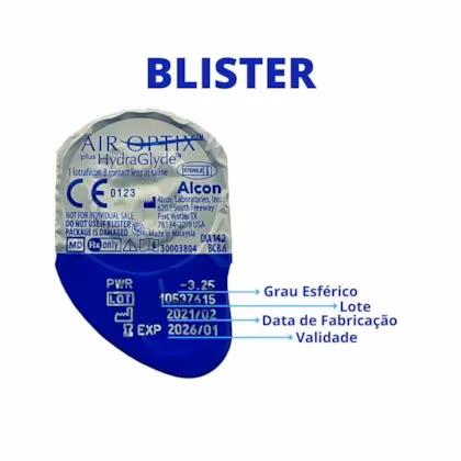 Identificação do grau esférico, lote e validade no blister AIR OPTIX plus HydraGlyde