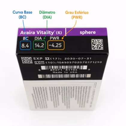Identificação da curva-base, diâmetro e grau esférico na caixa Avaira Vitality