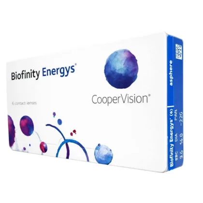 Caixa das lentes Biofinity Energys da CooperVision vista em perspectiva