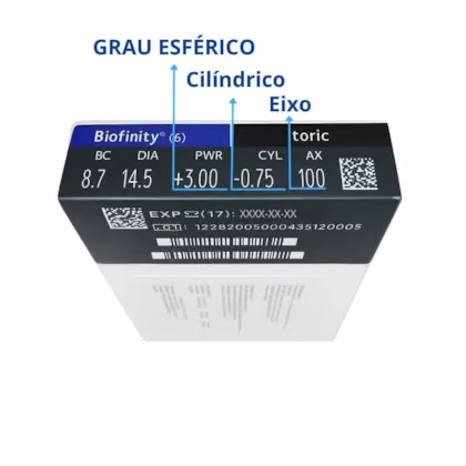 Localização do grau esférico, cilíndrico e eixo na caixa Biofinity Toric