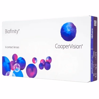 Caixa das lentes de contato Biofinity vista em perspectiva