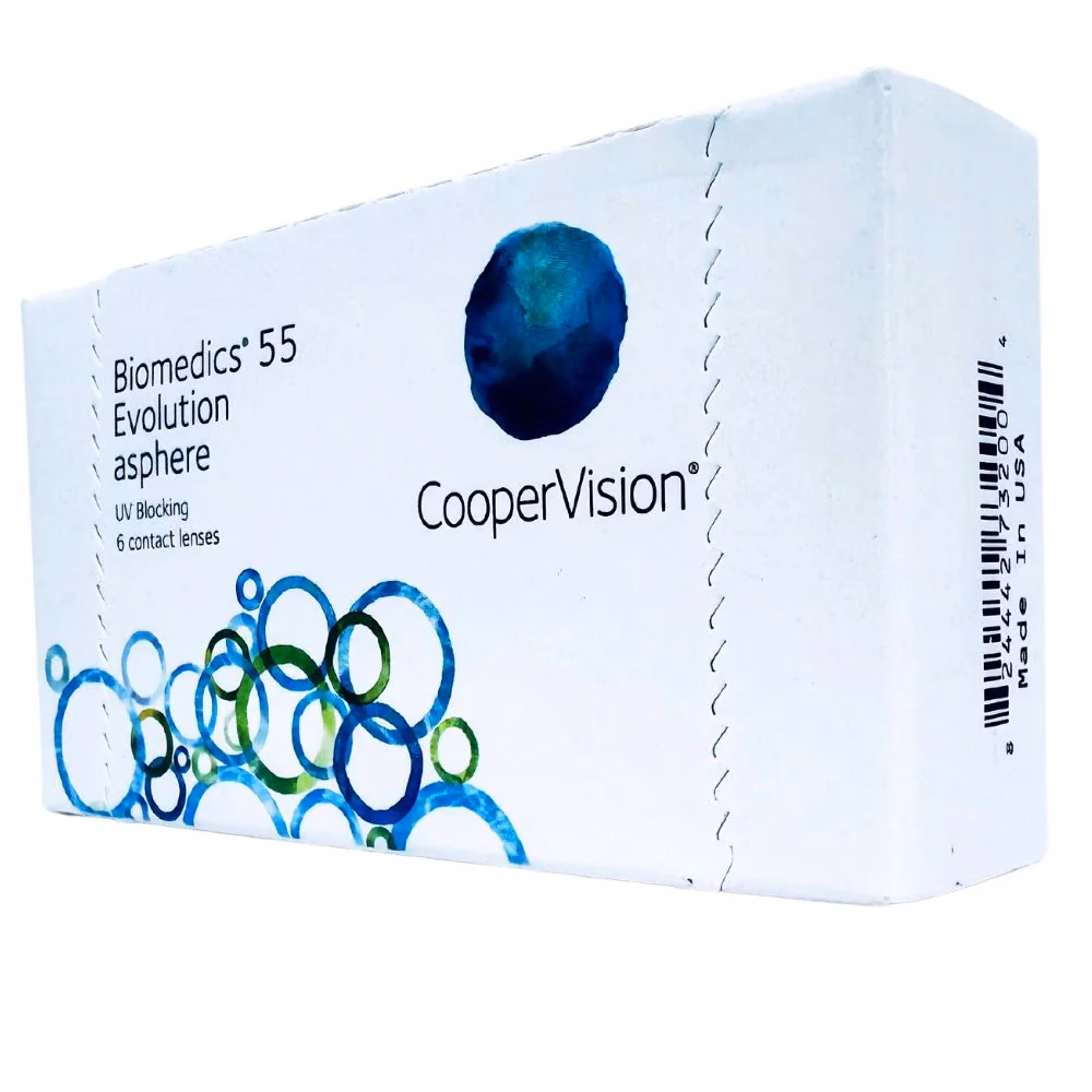 Caixa das lentes Biomedics 55 Evolution vista em perspectiva