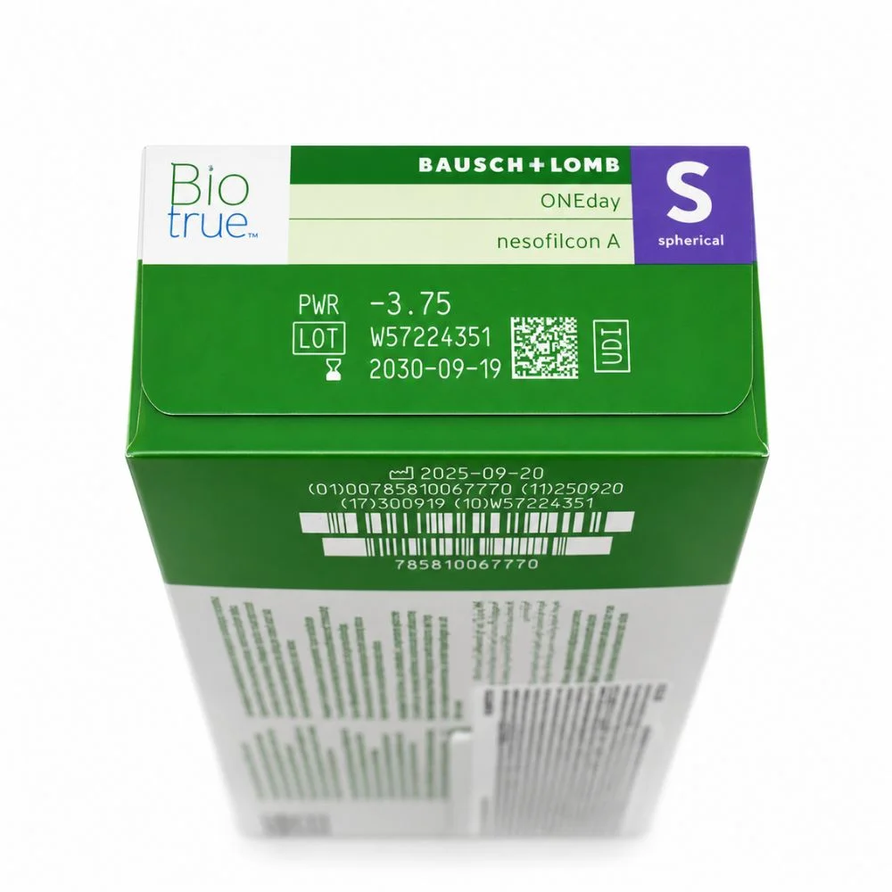 Detalhe lateral da caixa Biotrue ONEday com identificação de grau, lote e GTIN