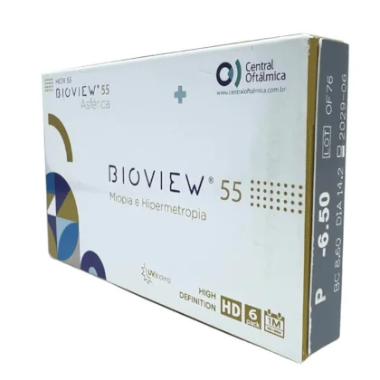 Embalagem em perspectiva da Bioview 55 UV Asférica para miopia e hipermetropia