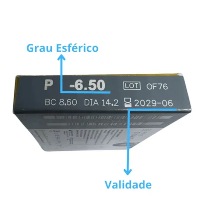 Identificação do grau esférico, curva-base, diâmetro e validade na caixa Bioview 55