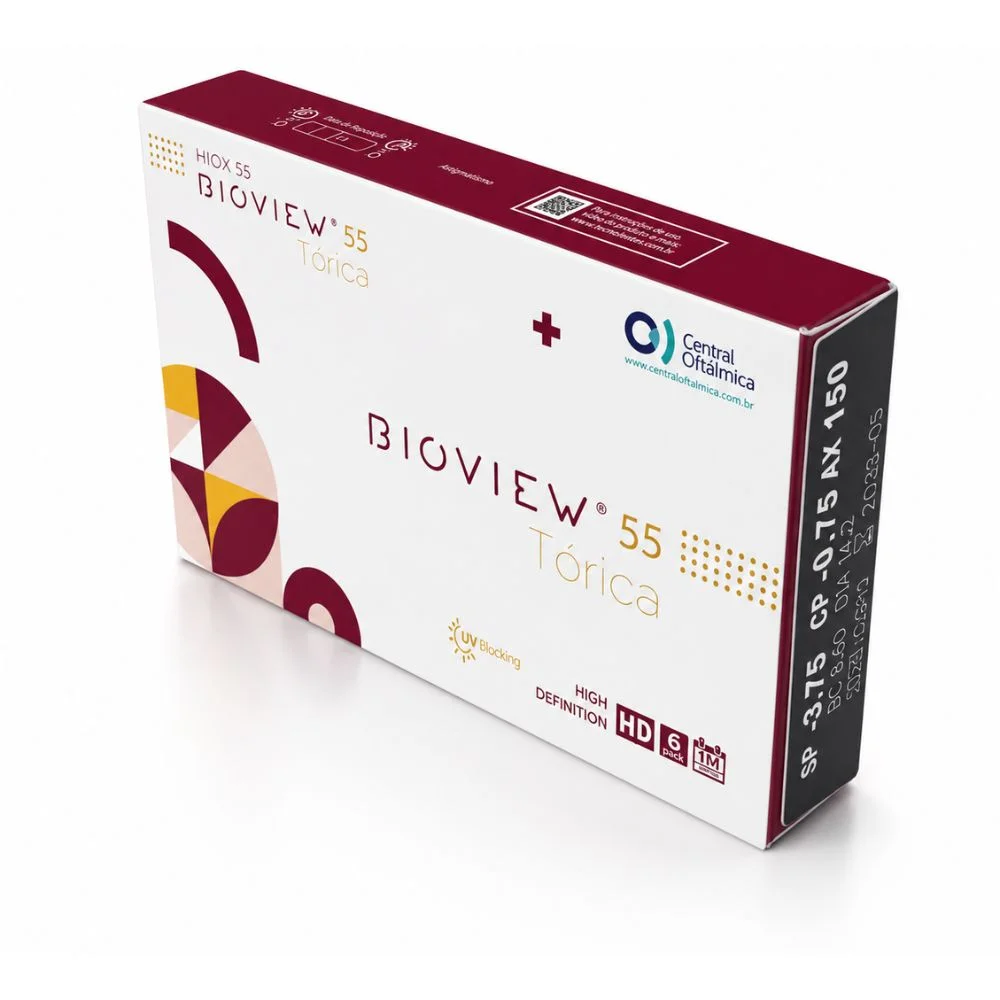 Caixa Bioview 55 UV Tórica vista em perspectiva com identificação de grau, cilindro e eixo