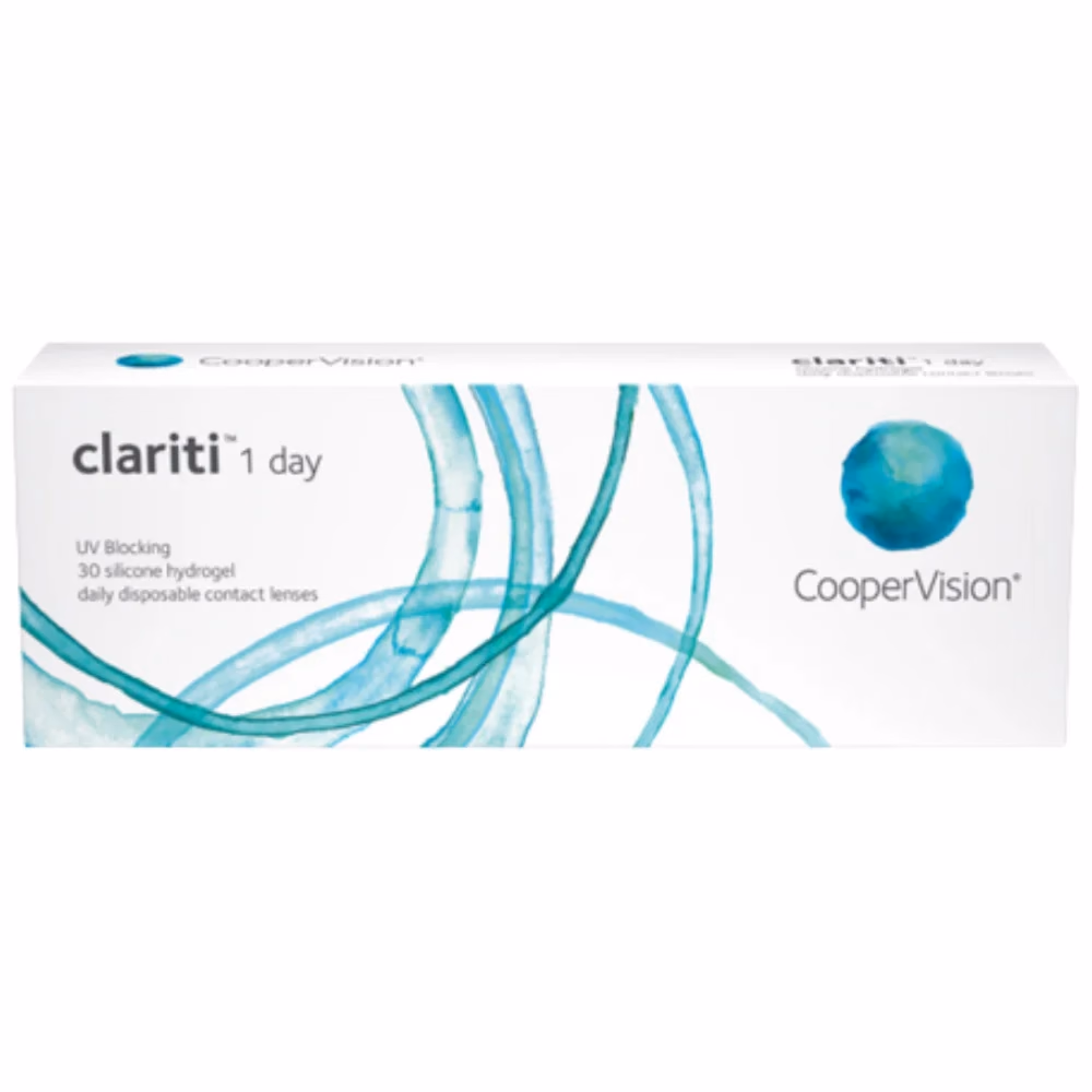 Caixa frontal das lentes de contato Clariti 1 Day com 30 lentes