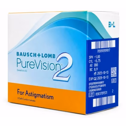 Caixa das lentes PureVision 2 para Astigmatismo vista em perspectiva