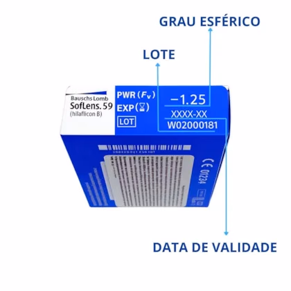 Identificação do grau esférico, lote e validade na caixa SofLens 59
