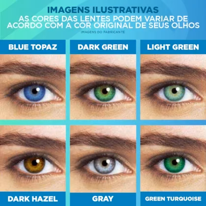 Comparativo ilustrativo das cores Azul Topázio, Verde Escuro, Verde Claro, Mel Escuro, Cinza e Verde Turquesa