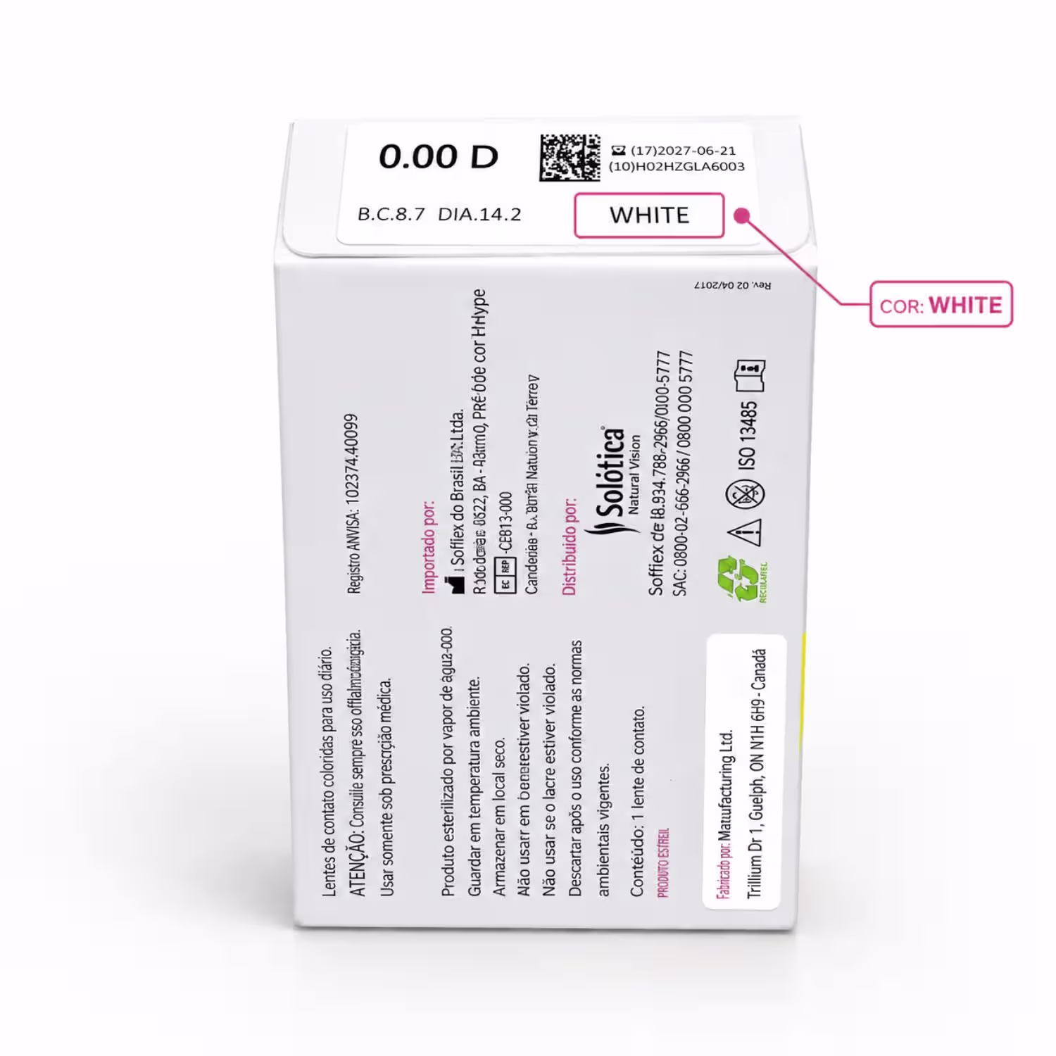 Etiqueta da Solflex Color Hype branca com grau 0,00 D, curva-base 8,7 e diâmetro 14,2