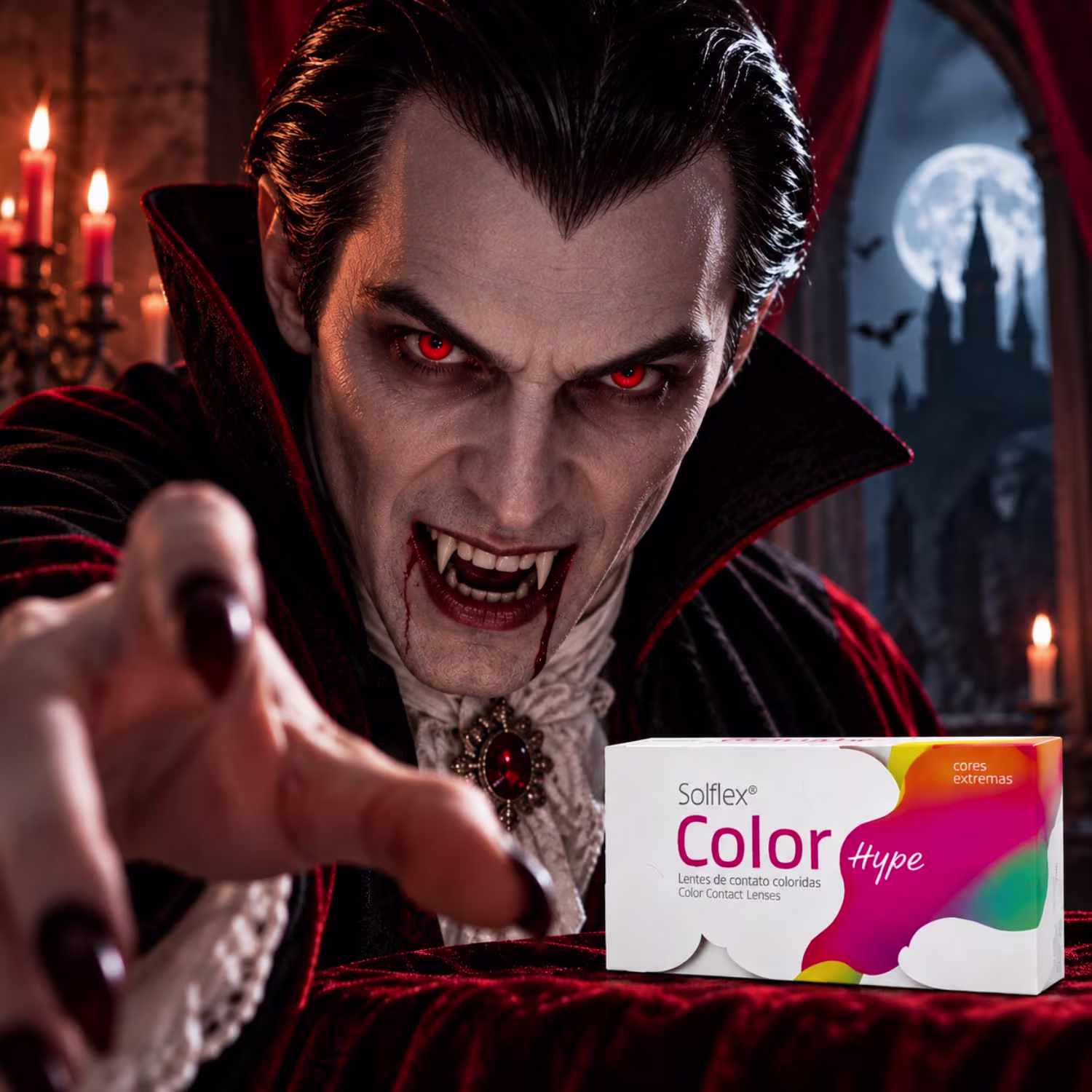 Caracterização de vampiro com lentes Solflex Color Hype vermelhas