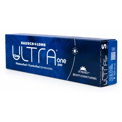 Embalagem Bausch + Lomb ULTRA ONE DAY em perspectiva, com proteção UV